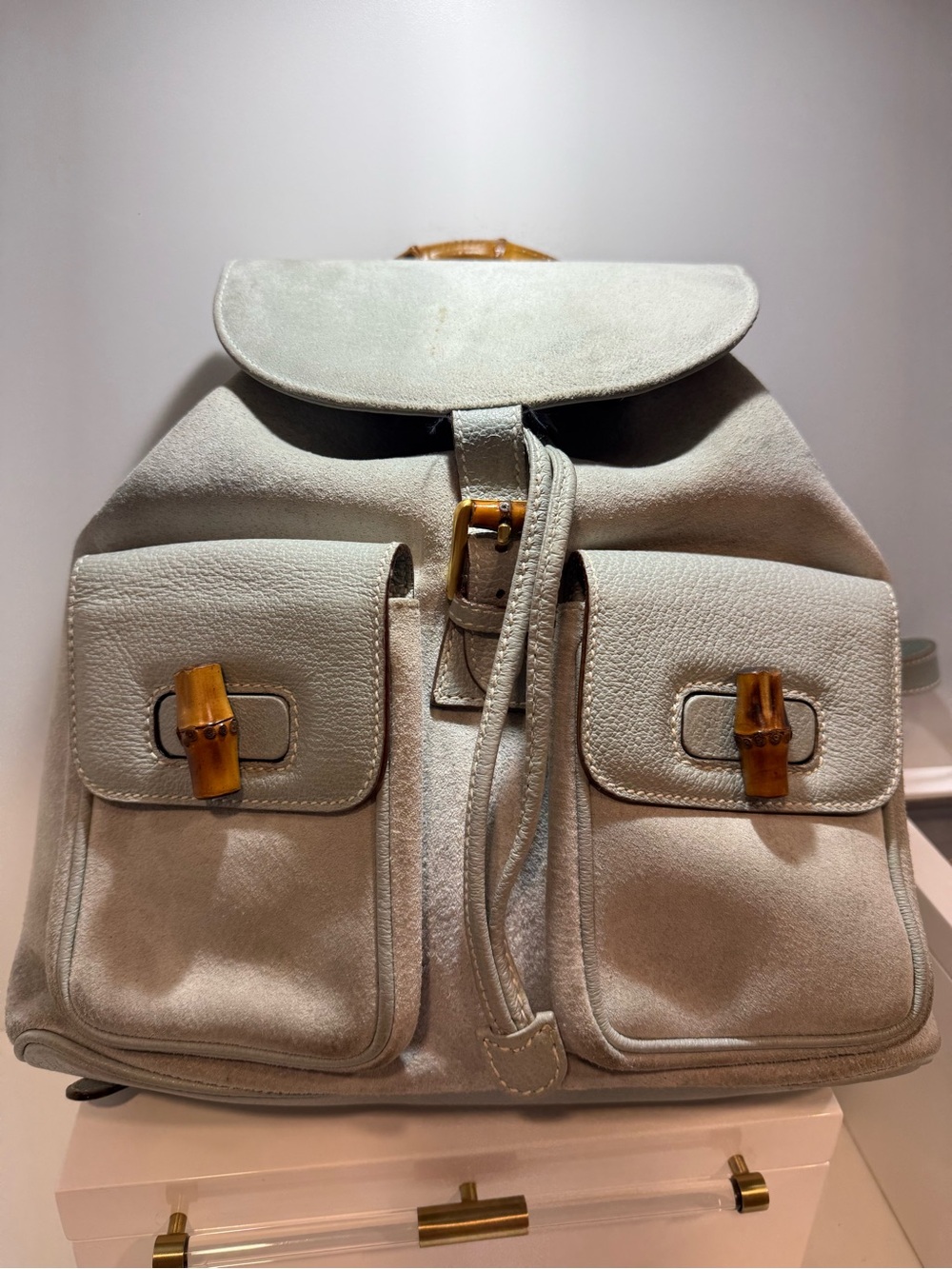 Gucci Light Blue Suede Bamboo Backpack